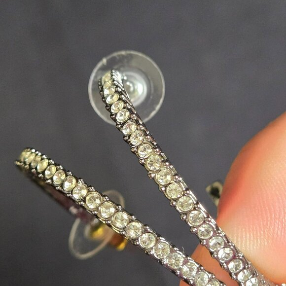 Sparkling Rhinestone Hoop Earrings Smokey Silver Tone Crystal Pave Round Hoops - Picture 2 of 6